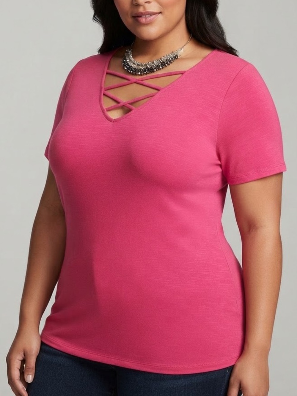 😍CLEARANCE - AVENUE Hot Pink Crisscross V-Neck Short Sleeve T-Shirt size 22/24